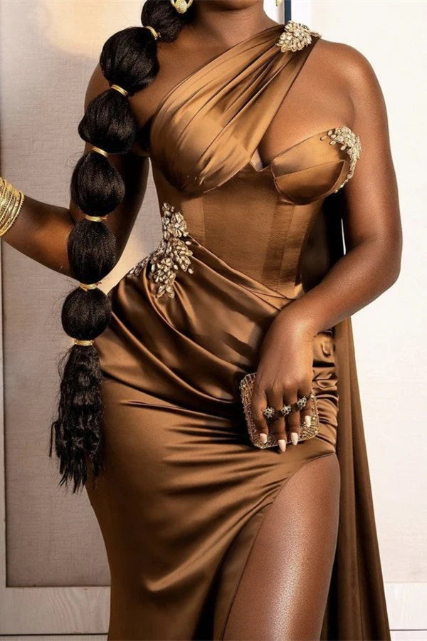Vestidos formales para mujer, elegantes, marrones, de moda, sexys, de un solo hombro, largos, con cuentas, abertura, vestido de noche tipo sirena, vestido de fiesta con volantes.
